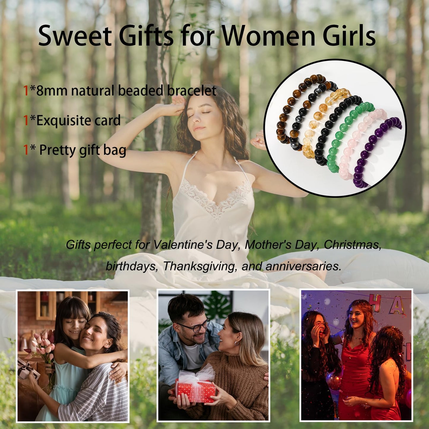 Gnamy Amethyst Beaded Bracelet for Women, Natural Purple Crystal Bracelet Healing Anxiety Protection Birthday Valentines Christmas Jewelry Gifts for Daughter Her Mom Girlfriend Best Friend Bestie
