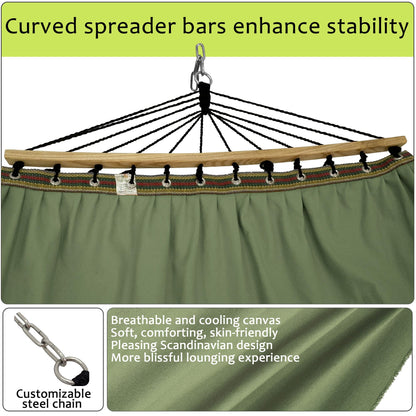 Tranquillo Double Hammock 2 Persons Cotton Canvas 600 lbs Portable Camping Hammock with Solid Curved Wood Spreader Bar Hammock for Camping Travel Indoor Patio Garden, Sage