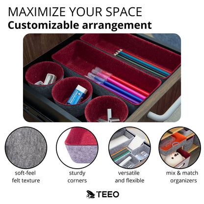 Teeo - Drawer Organizers - Office Supply Organizer - Desktop Drawers - Organizing Containers - Jewelry Tray Makeup Storage Home Dividers Compartment Desk Caddy Cosmetic Bins - Pack of 9, Burgundy