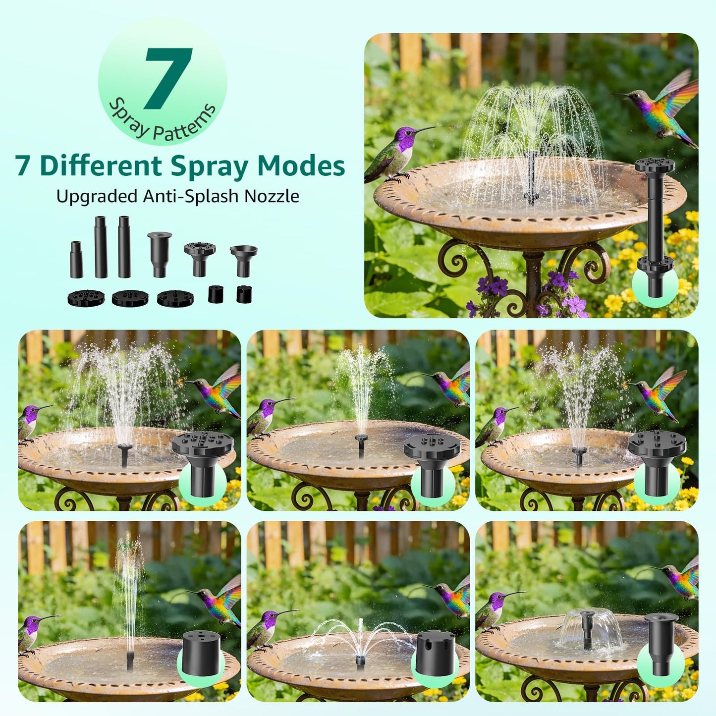 PONDIA Solar Fountain Pump with Battery Backup, 7.5W Solar Water Pump Built-in 3000mAh Battery, Dual-Layer Nozzles 7+ Spray Modes & 5Ft PVC Tubing, Pond Fountain for Bird Bath Garden Water Feature
