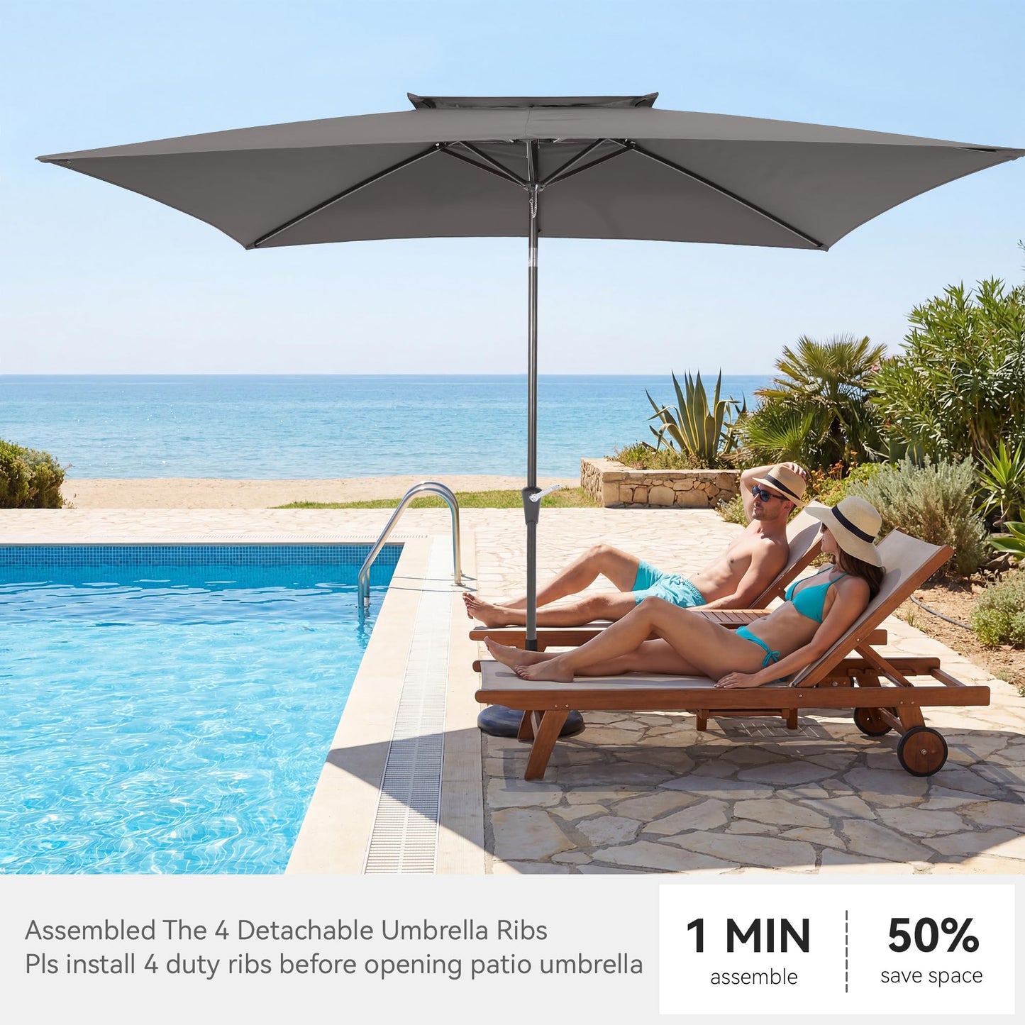 6.6 x 10 ft Rectangular Patio Umbrella, Outdoor Market Table Umbrella with Push Button Tilt and Crank, Double-Tier Vent, 6 Ribs, Rectangle Patio Umbrella for Backyard, Deck, Pool, Fits 4–6 Chairs and Tables (Grey)