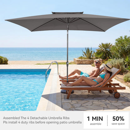 6.6 x 10 ft Rectangular Patio Umbrella, Outdoor Market Table Umbrella with Push Button Tilt and Crank, Double-Tier Vent, 6 Ribs, Rectangle Patio Umbrella for Backyard, Deck, Pool, Fits 4–6 Chairs and Tables (Grey)