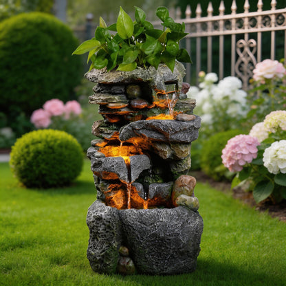 23" Tall Outdoor Water Fountain with Built-in Planter, 3-Tier Cascading Rock Waterfall with Warm LED Lights, Relaxing Zen Garden Fountain Decoration for Patio, Yard, Porch & Deck