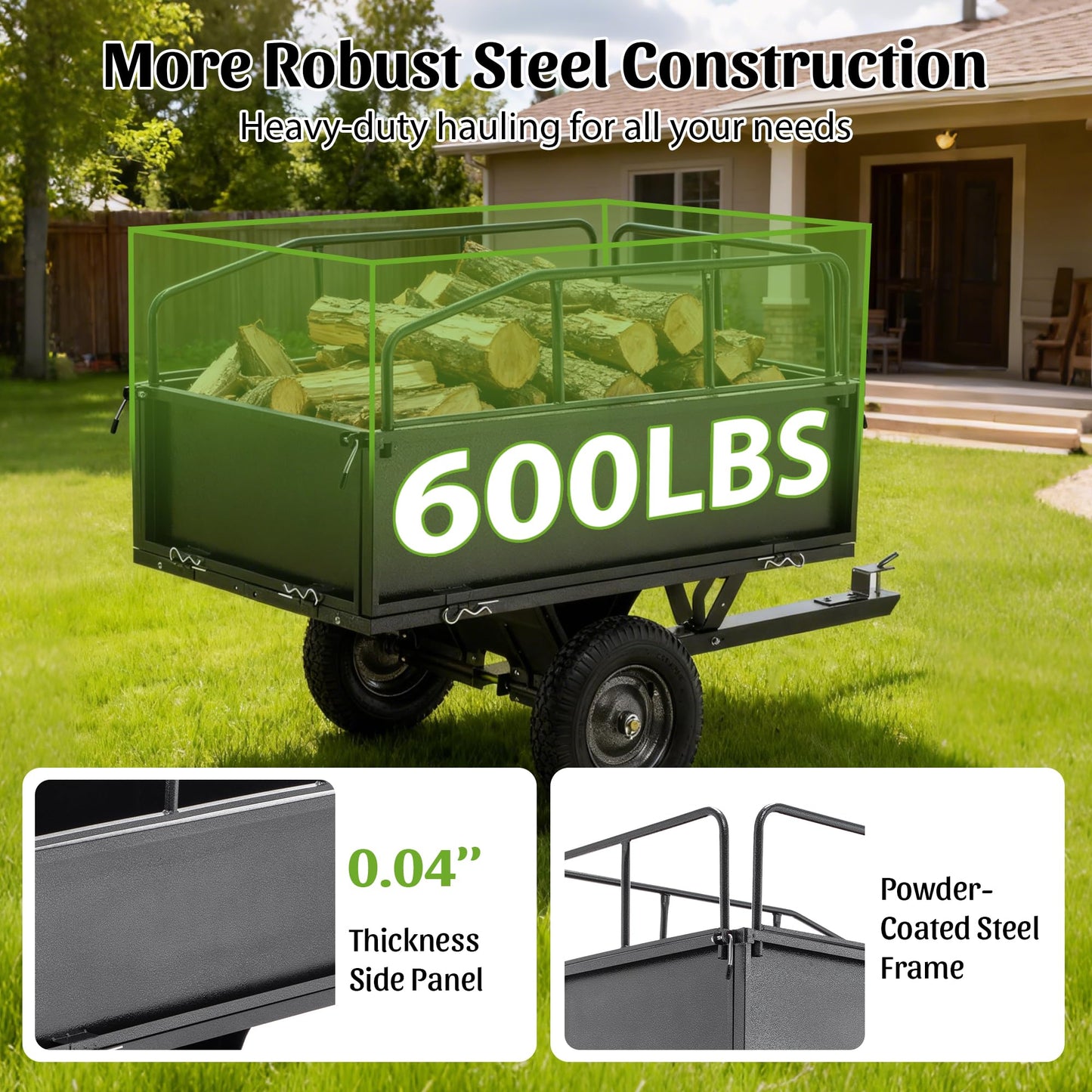KEIKI 600 lb Garden Dump Cart with Tow Hitch, 17 Cu Ft Heavy Duty Steel Utility Trailer, Dual Dumping Lawn Cart with 16" Tires for ATV UTV Tractor Yard Hauling