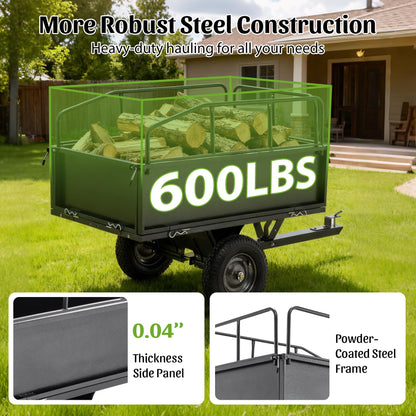KEIKI 600 lb Garden Dump Cart with Tow Hitch, 17 Cu Ft Heavy Duty Steel Utility Trailer, Dual Dumping Lawn Cart with 16" Tires for ATV UTV Tractor Yard Hauling