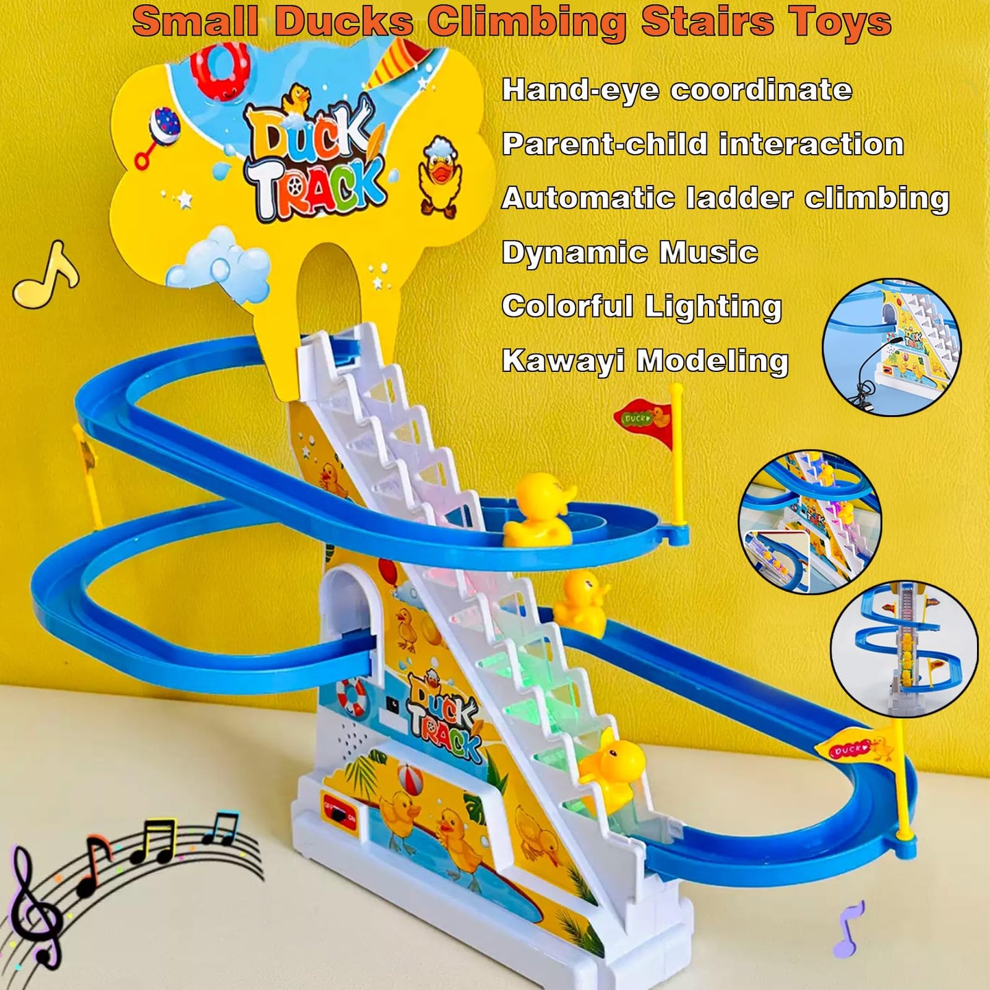 Small Ducks Climbing Toys, Electric Llittle Duck Climbing Stairs Toy, Funny Roller Coaster Track with 3 Ducks LED Lights & Music Button, Small Duck Slide Toys for Children Kids and Baby (C)