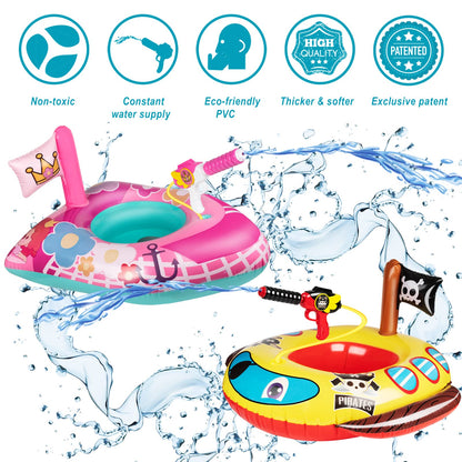 2 Pack Toddler Pool Floats with Squirt Gun, Inflatable Pool Toys for Kids, Pink Flower Princess Floaties for Girls, Blow up Pirate Ship Pool Floats for Child，Baby Water Float Summer Pool Game Toys
