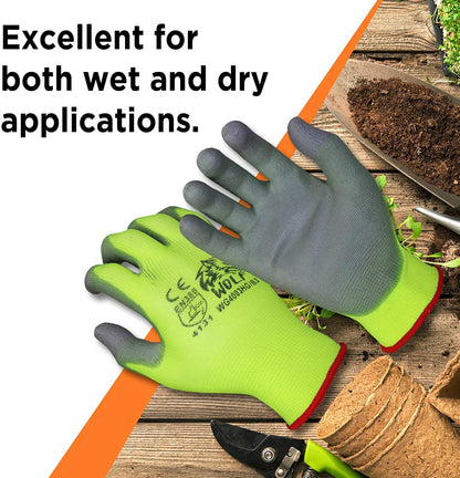 WOLF High-Viz Green Ultra-Thin PU Palm Coated Work Glove, Indoor/Outdoor, Construction, Maintenance, Gardening, Mechanic, Warehouse, Multi-Purpose, Flexible Grip, Small (Pack of 12)
