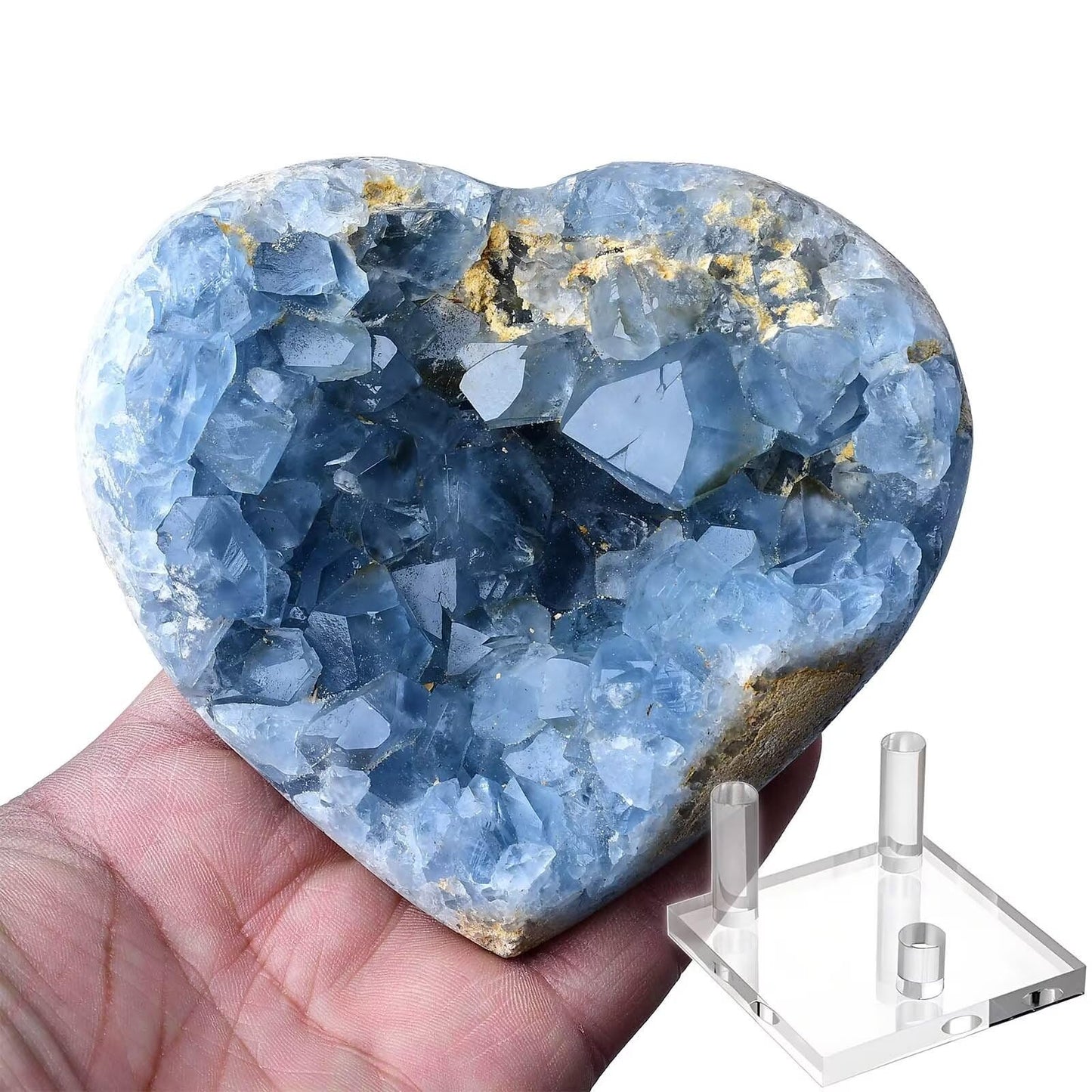 FZBHRO Extra Large Blue Celestite Geode Heart Healing Crystal Stone Collection Mineral Specimen with Stand Home Office Decor 1.3-1.7 Pound