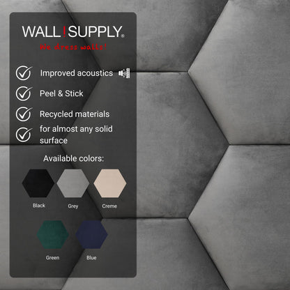 Wall!Supply - Gray Hexagon Velvet Wall Panels - Plush Textile Wall Covering for Feature Walls - Textured Peel-and-Stick Wallpaper Alternative - Sound Dampening - Easy DIY Installation (2-Pack)