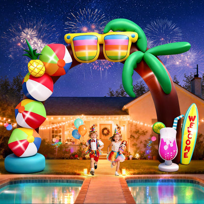 Kalolary 10FT Tall Summer Inflatable Outdoor Decorations, Beach Ball Archway Blow Up Inflatable Arch with Build-in Lights for Beach Party Pool Party Yard Garden Summer Decors