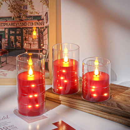 Da by Flickering Flameless Candles with Remote,Acrylic LED Candles with Embedded Star String,Battery Operated Candle, for Home and Holiday Decoration Set of 3（Red）