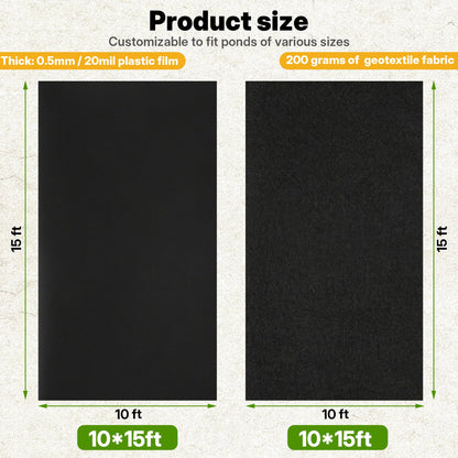 Chonway Heavy Duty Pond Liner Underlayment Combo - 10 X 15ft Non Woven Geotextile Fabric & 20 mil Pond Liners for Outdoor Ponds, Fish/Koi/Garden/Lifeguard Pond Liner