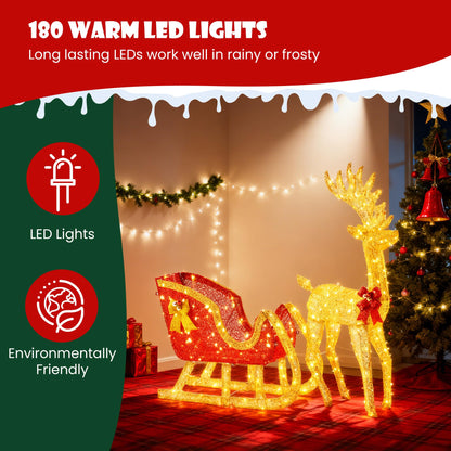 Sweetcrispy 4 FT Lighted Christmas Reindeer & Santa Sleigh Set, Family Outdoor Indoor Xmas Pre-Lit Yard Decoration w/ 180 LED Lights, Holiday Deer & Sled for Garden Lawn Patio Display, Gold-Red
