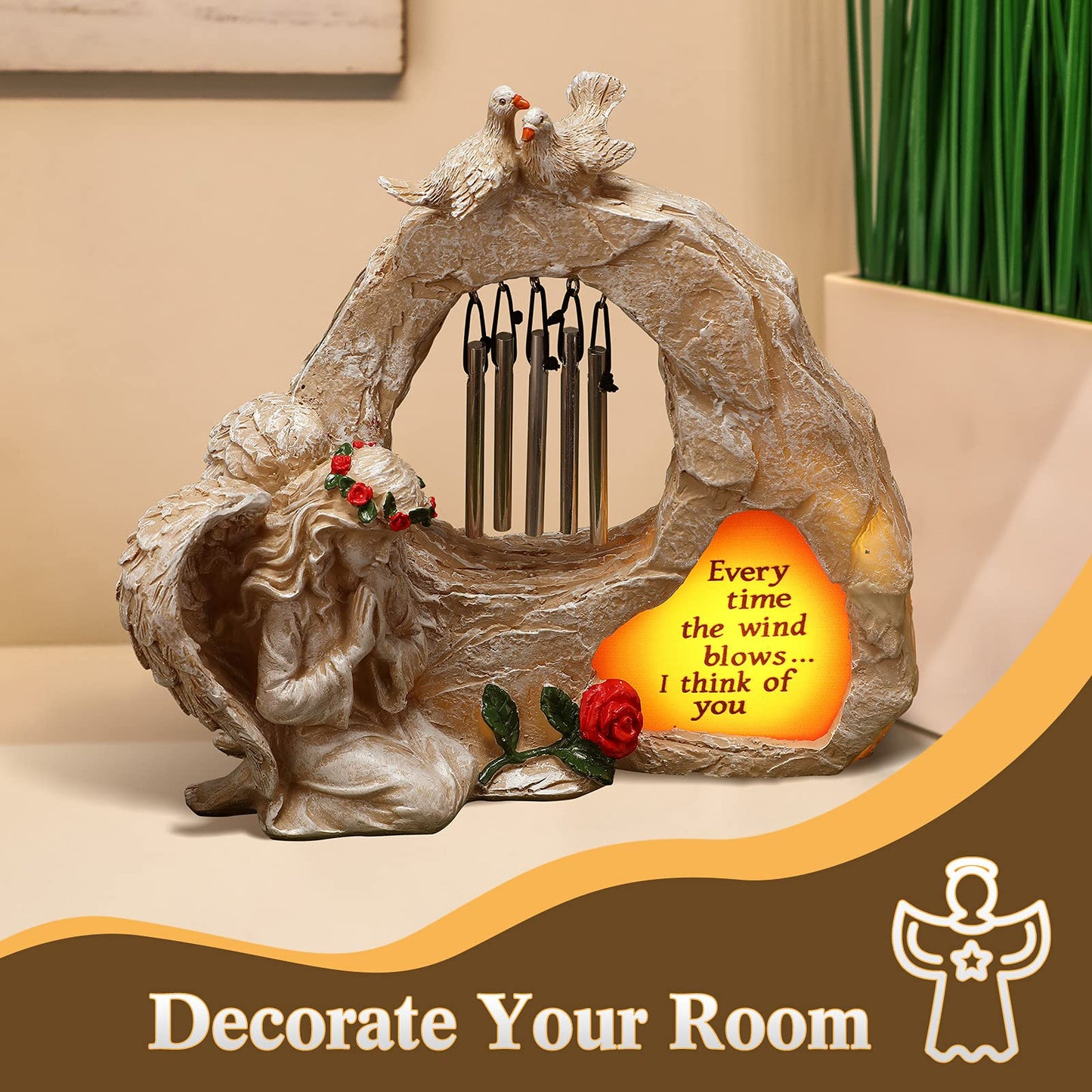 Jetec Praying Angel Wind Chime Statue Garden Angel Memorial Wind Chime Statue Mini Home Decor Resin Figurines Solar Figurines Light for Home Garden Decoration(Elegant Style)