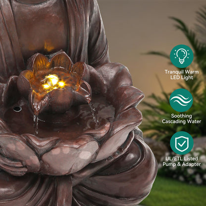 Autodaya 18.9" H Buddha Outdoor Water Fountain, Zen Style Garden Fountain with LED Lights and Pump, Relaxing Waterfall for Patio, Porch, or Yard Decor, Faux Bronze