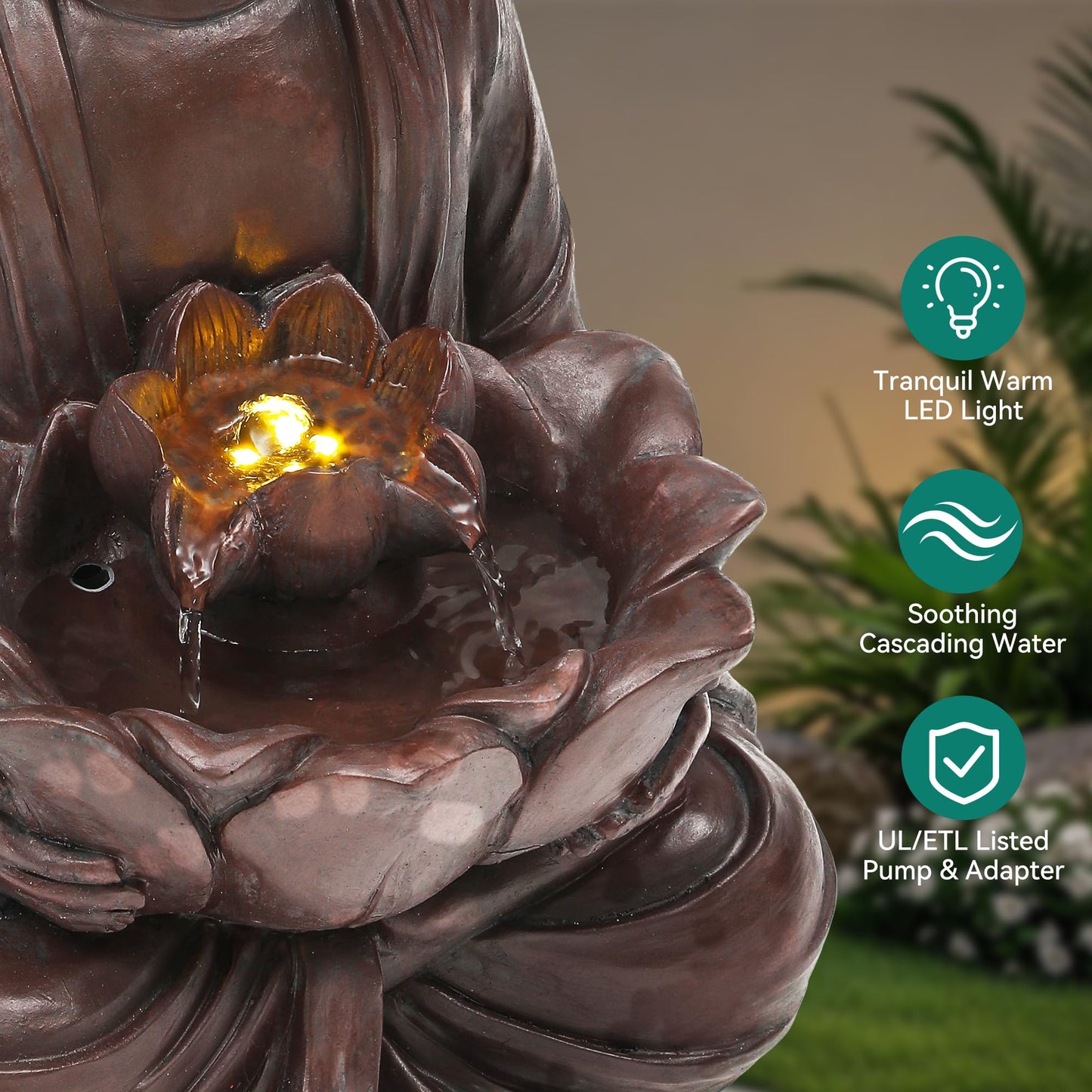 Ultym Zen Buddha Water Fountain Outdoor, 19" H Handcrafted Buddha Statue Water Feature with Soothing Waterfalls & Lights, Peaceful Oasis for Garden Patio Yard Deck Living Room Floor Tabletop Decor