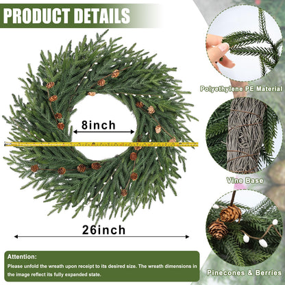 Artgar 26 Inch Pine Wreath - Christmas Wreaths for Front Door - Real Touch Pine Wreath with Pinecones Berries - Large Artificial Green Wreaths for Home Wall Window Porch Farmhouse Outdoor Xmas Decor