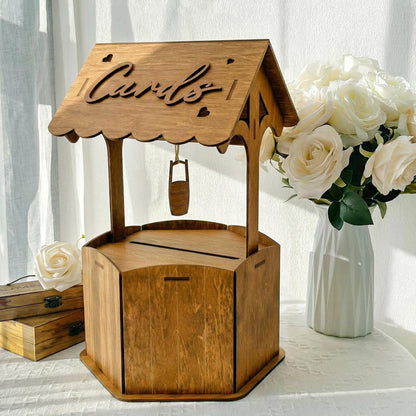 OurWarm Brown Wood Wishing Well Wedding Card Box for Reception, Rustic Wooden Boxes Money Gift Card Box for Party Wedding Decorations Birthday & Baby Shower Decor