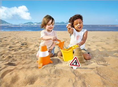 Hape Construction Sand Toy Set | Toy Set with Bucket, Shovel, Cone and Sign, for Children Ages 3+ Years