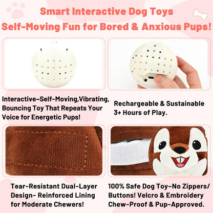 VYsTN Interactive Dog Toys - Auto Bounce, Move & Vibrate with Sound, Talking Squirrel Puppy Toy for Small Medium Large Dogs, Rechargeable Durable Toy for Anxiety Relief, Boredom & Indoor Play