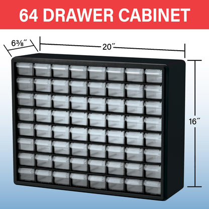 Akro-Mils 64-Drawer Plastic Drawer Storage Cabinet for Garage Organization, Bead Organizer, Building Bricks Storage, Teacher Toolbox, Makeup Organizer, 20" W x 6" D x 16" H, 10164 Black