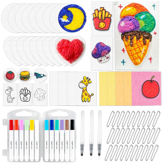 TAZKZZY 3D Art Painting Supplies and Foam Paper, 73Pcs Magic Puffy Paint Kits Including 28 Magical Foam Texture Paper Sheet, 12 Colors Brush Tip Acrylic Paint Markers, 3 Water Brushes and Bead Chains