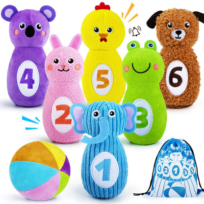 teytoy Baby Bowling Set for Toddlers 1-3, Bowling Games for Kids Indoor with 6 Pins and Storage Bag, Animal Themed Sensory Toys with Rattle & Number, Easter Christmas Birthday Gift
