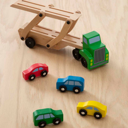 Melissa & Doug Car Carrier Truck and Cars Wooden Toy Set with 1 Truck and 4 Cars 5.75" x 12" x 3"