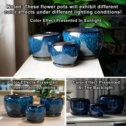 SQOWL Ceramic Planter 8 Inch - Pot for Indoor Outdoor Plants Round Ceramic Plant Pot with Drainage Hole and Saucer Modern Flower Pot Glazed Blue