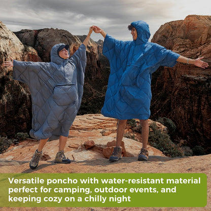 ATEPA Wearable Sleeping Bag, Recycled Insulated Water-Resistant Camping Blanket Poncho, Ultralight Packable Hooded Stadium Blanket for Outdoor Sports Fishing Backpacking Hiking Cold Weather, Blue