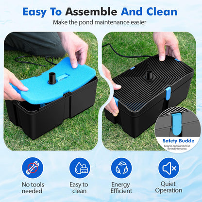 FEOXSHAL Pond Filter with Fountain Pump Kits, 50W 660GPH Pond Pump and Filter Kit with Submersible Water Pump Flow Ajustable for Outdoor Ponds Koi Pond Garden Fish Tank Water Features