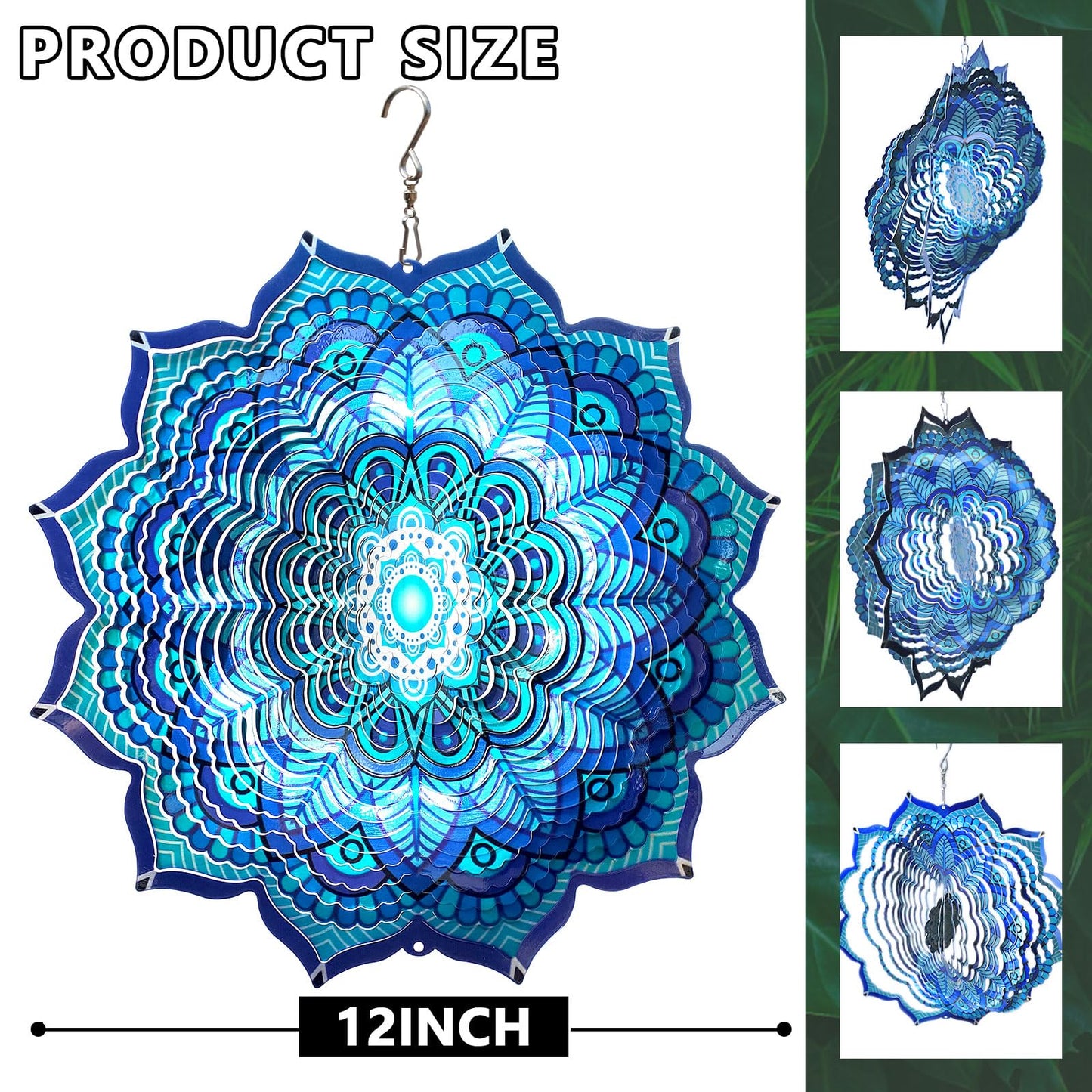 Goolyrusim Wind Spinner Mandala Rich Blue 12inch 3D Stainless Steel Wind Spinners Laser Cut Metal Hanging Wind Sculptures Kinetic Yard Art Decoration Garden Ornament Indoor/Outdoor Décor Worth Gift