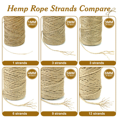 6mm*164 Feet Natural Jute Twine String DIY Home Decor,6mm Thick 12-Strand Jute Twine for Crafting Gift Wrapping Packing Gardening Crochet Knitting Macrame Decor,Brown Rope for Refurbish Cat Tree