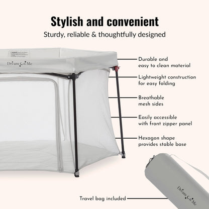 Dream On Me Onyx Baby Playpen, Zipper Access Door, Breathable Mesh Sides, Soft Comfortable Mattress Padded Floor, Easy Fold Design with Travel Carry Bag, Compact Easy to Fold Design - Grey