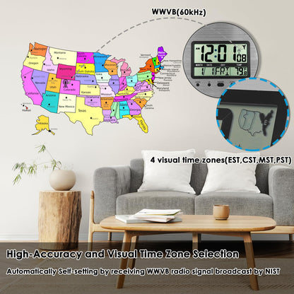 Atomic Digital Wall Clock Battery Operated, Self-Setting, Large Display with Temperature, Date, Day of The Week, Seconds, Round Wall Mount Digital Clock - 4 Time Zones, DST, Aluminum Metal Dial