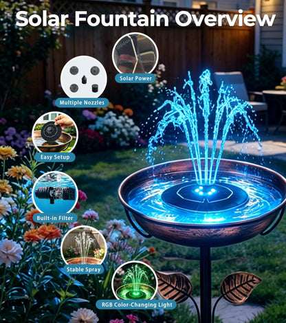 OUISJYER Solar Bird Bath Fountain with LED Lights – 6.3" Floating Solar Fountain Pump with Battery Backup | 9V/2W Powerful Water Spray, 5 Nozzles, for Bird Bath, Pond, Garden & Outdoor Decor