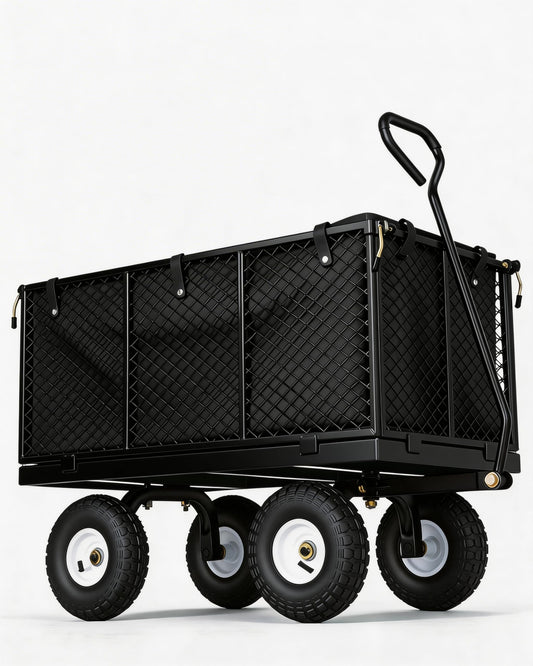 GarveeTech 800LBS Heavy Duty Steel Garden Cart, Garden Wagon Cart on Wheels, Metal Yard Utility Wagon with Removable Mesh Sides, 10" All Terrain Tires, 180° Rotating Handle for Lawn, Garden, Farm