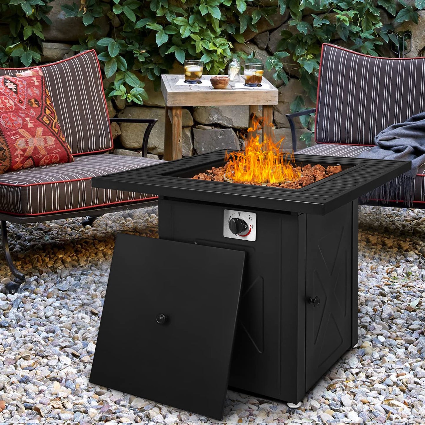 MoNiBloom 28 in Square Propane Fire Pits Table, 50000 BTU Outside Dinning Propane Outdoor Fire Pit Table Top with Lid, for Patio Deck Garden Backyard,Black