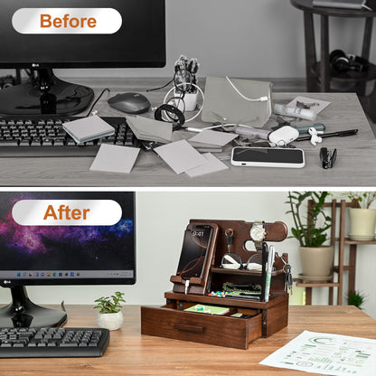TESLYAR Wood Phone Docking Station with Drawer - Nightstand Organizer - Desk Organizer for Husband - Birthday Gifts for Men, Dad, Anniversary, Key Holder Stand Watch, Accessories (Chocolate Brown)