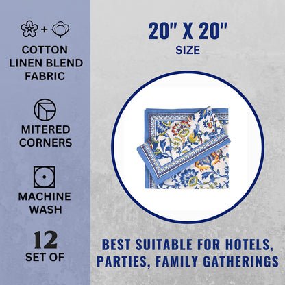 Fingercraft Cloth Napkins, Set of 12 Cotton Linen Blend Printed Dinner Napkins Cloth Mitered Corner Perfect for Parties Dinners Weddings Cocktail Christmas 20x20 Blue Floral