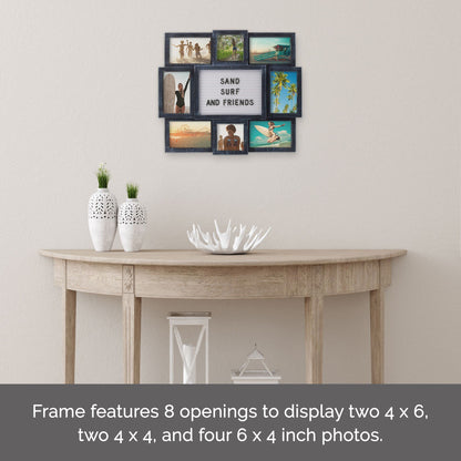 MELANNCO Collage Picture Frame with Letter Board, 8 Opening Photo Display for 4x6 and 4x4 Photos, 19 x 17 Inch Wall Decor with 144 Changeable Letters, Numbers and Symbols, Distressed Black