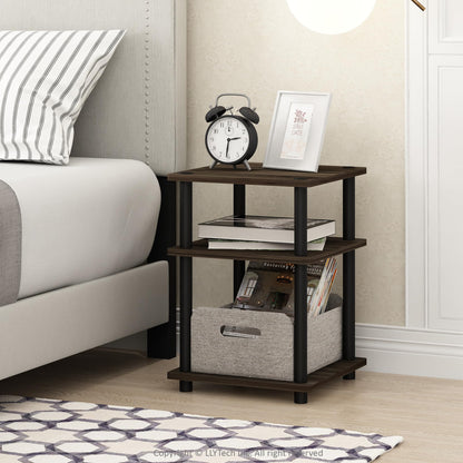 Furinno TURN-N-TUBE Side Table, 3-Tier Square Modern End Table, Open Shelves Nightstand, Night Stand, Bedside Table, Easy Assembly, for Living Room, Bedroom, Columbia Walnut
