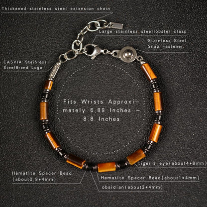 Casvia Men’s Beaded Tiger Eye Gemstone Bracelet - Handcrafted Original Design, Hematite & Obsidian Accents, Adjustable Stainless Steel Dual-Clasp, Thickened Steel Wire, 6.89–8.8 Inch, Gift for Men
