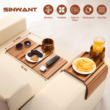 SINWANT Couch Cup Holder Tray,Acacia Wood Sofa Arm Clip on Tray Table with 360° Rotation Cup Holder,Foldable Anti-Slip Couch Armrest Table for Coffee Mug,Water Bottles,Snacks,Remote on Large Armrest