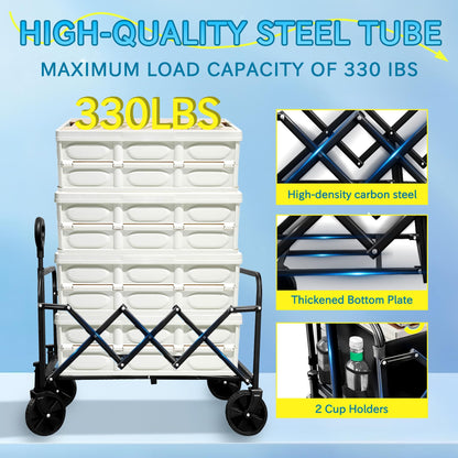 Collapsible Wagon with Wheels, 330 lbs Wagons Carts Foldable Wagon Cart, Carbon Steel Frame Structure, Lightweight Portable Folding Utility Grocery Shopping Cart for Grocery Sports Garden Camping