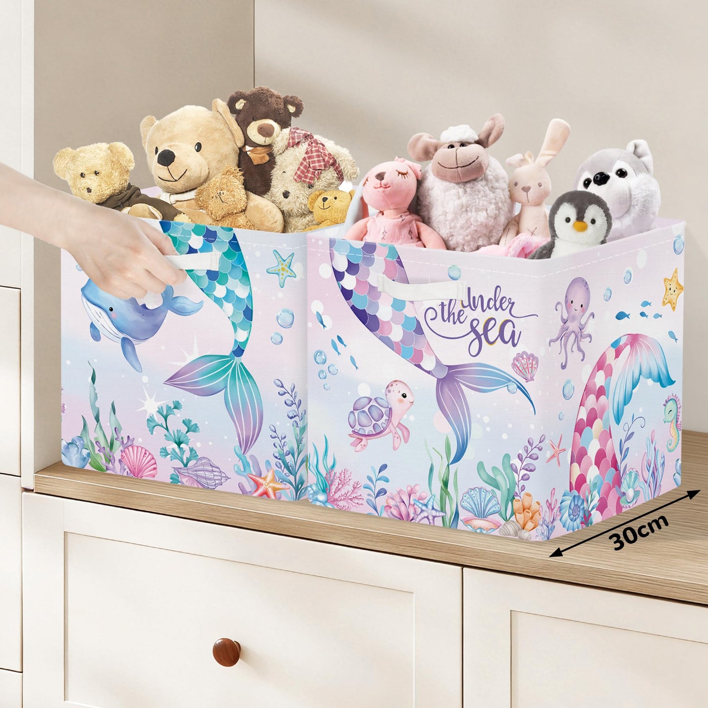 Clastyle Mermaid Tail Kid Storage Cube Organizer Set with Metal Frame Ocean Animal Turtle Closet Clothes Toy Storage Bin Nursery Toddler Girl Book Shelf Basket, Colorful Seaweed, 11.8x11.8x11.8 in