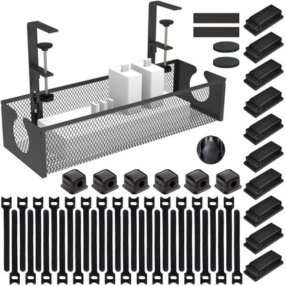 Under Desk Cable Management Tray, No Drill Steel Cord Organizer Kit with 52Pcs Different Essential Accessories for Home Office Standing Desk (13.4inch, Black)