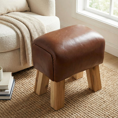 Bare Decor Gorgie Accent Stool in Brown Genuine Leather with Teak Legs Small