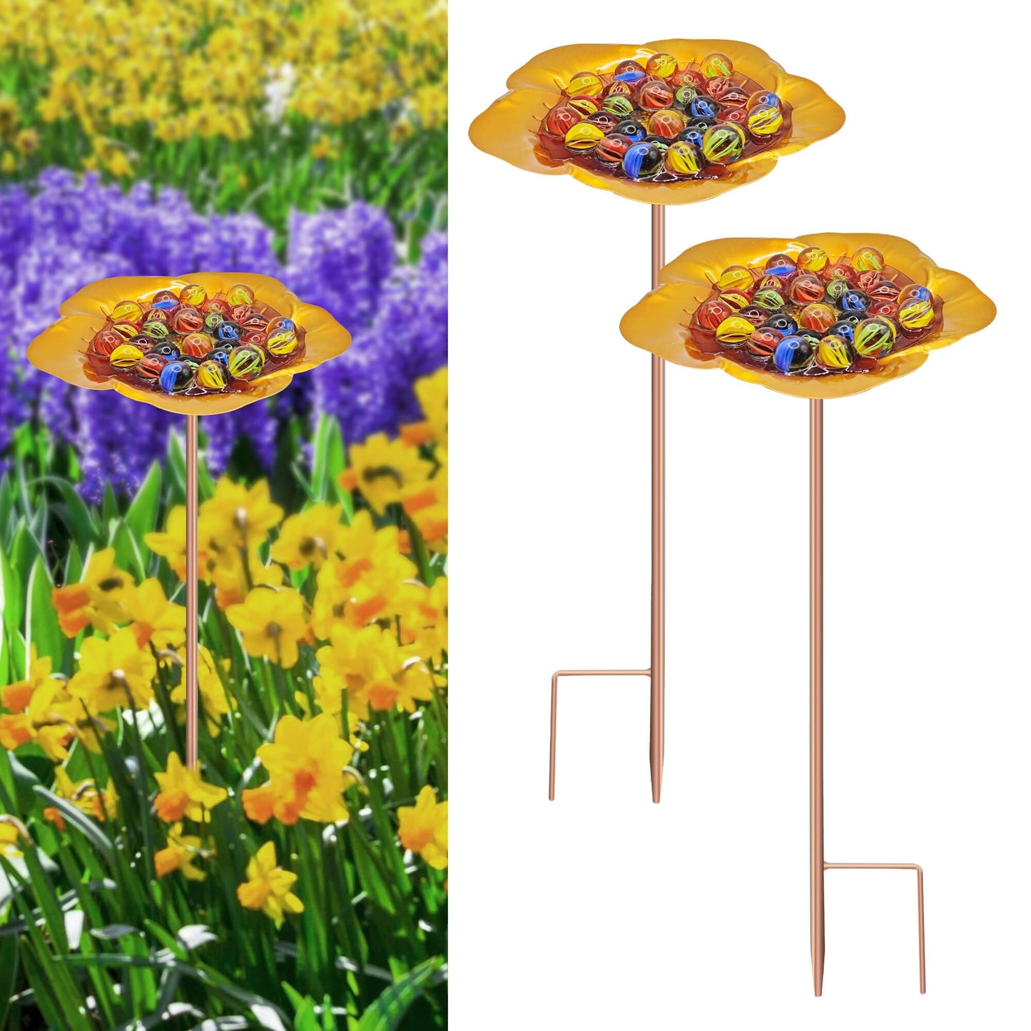 Large Bee Watering Station-Golden Butterfly Puddler Bee Bath & Feeder with Metal Stakes - 30 Glass Marbles, Vivid Flower Design, Garden Yard Decor (Golden-2PACK)